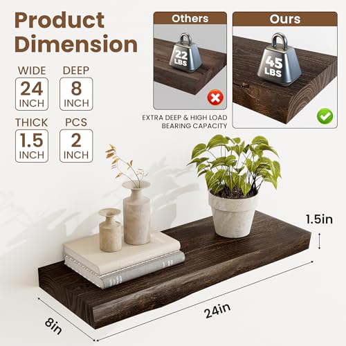 Image of Acovy Extra Deep 24 inch Long Live Edge Rustic Floating Shelves for Wall, Solid Wood Wall Shelves with Invisible Bracket Mount for Living Room Bathroom Bedroom Kitchen, Set of 2, Walnut