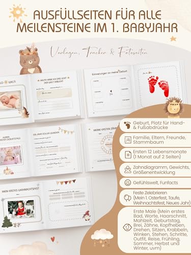 Babybuch mein erstes Jahr, Babyalbum Erinnerungsbuch für schönsten Momente fürs 1. Lebensjahr, Boho Baby Tagebuch Hochwertig, Geschenk zur Geburt für Mädchen & Jungen Baby Erstausstattung Neugeborene
