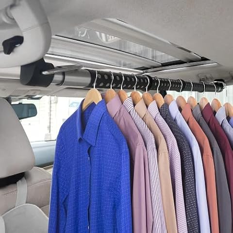 Beinhome Rubber Car Clothes Hanger Bar, Expandable Heavy Duty Car Clothes Rack Expanded to 63 inches, Suitable for Most Cars, Trucks, SUVs, Vans, RVs, Road Travelers, Black Cover