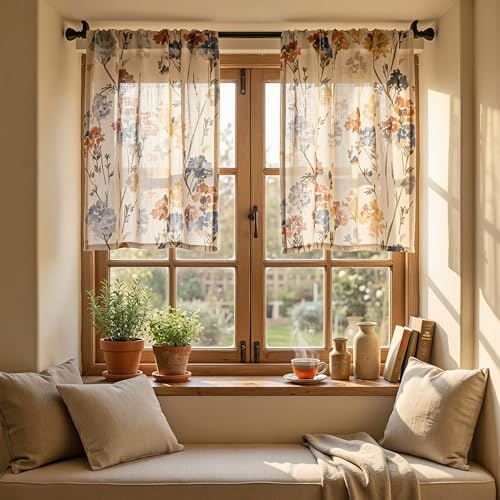 Image of MYSKY HOME Floral Linen Kitchen Tier Curtains 36 Inch Length 2 Panels Farmhouse Light Filtering Privacy Small Window Treatments Rod Pocket for Bathroom Basement, Yellow, 30 inch Wide
