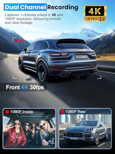 3 Channel 4K Dash Cam Front and Rear Inside, Built-in 5G WiFi,4K+1080P+1080P Dash Camera with 64GB Card,3.16” IPS Screen,Loop Recording, G-Sensor, 24H Parking Monitor, Night Vision(Rose Gold) - image 2
