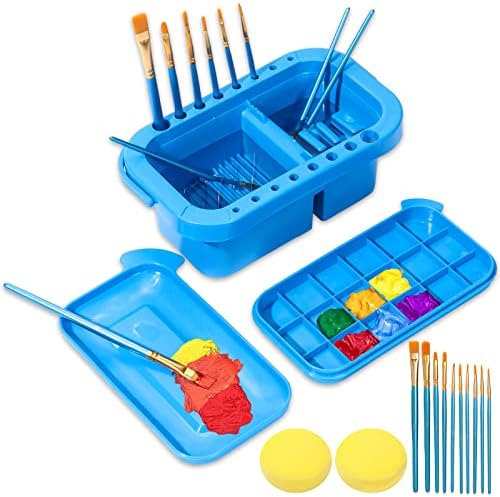 DGYJJZ Paint Brush Cleaner, Paint Brush Holder and Painting Supplies Organizers W/Palette for Acrylic, Watercolor, and Water-Based Paints w/10pcs Watercolor Brush& 2 Art Sponges for Acrylic Blue