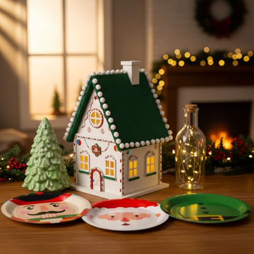 100 Pcs 9 Inch Christmas Paper Plates, Disposable Santa Red and Green Belt Dessert Plates, Xmas Dinnerware Set Platters Table Decorations for Cake Salad Fruit Winter Party Supplies, 4 Styles – Image 7