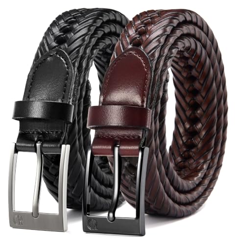 Image of CHAOREN Leather Braided Belts for Men 2 Pack - 1 1 /8 inch Leather Belts in Package Box - Versatile Style Solution
