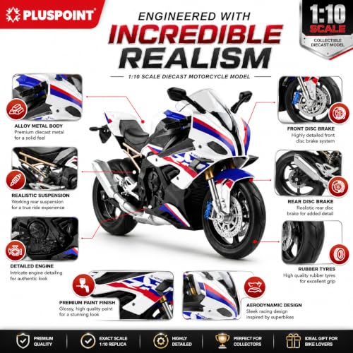 Image of PLUSPOINT Diecast 1000RR Motorcycle Model 1:10 Scale | Alloy Metal Super Bike Simulation Toy with Realistic Details | Collectible Motorbike Model for Kids, Adults, Desk & Car Dashboard Display