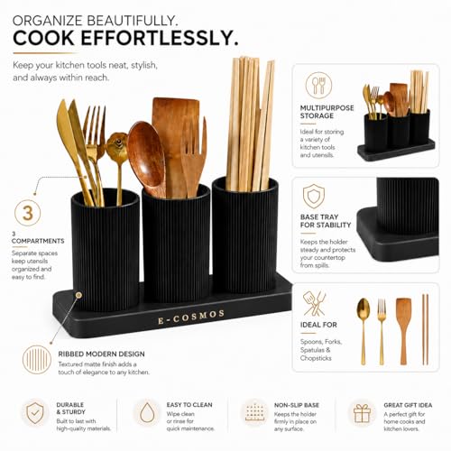 Image of E-COSMOS Plastic Self-Draining Cutlery Holder - Multi-Slot Utensil Drying Rack and Storage Organizer for Spoons, Knives, and Forks - Non-Slip Kitchen Countertop Caddy, 23x8x12 cm, Black