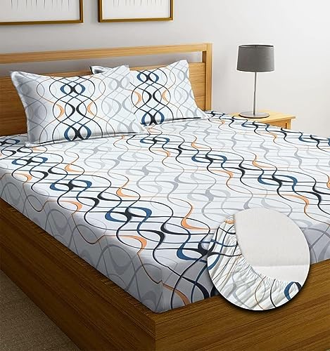 Image of Castiqa Elastic Fitted Supersoft Premium Brushed Cotton 200TC King Size Bedsheets with 2 Pillow Covers (Fits Upto Mattress of 10 Inches) (King (72x78), Sketchered)