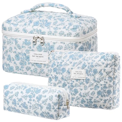 BuyCard Kosmetiktasche 3er Set,Kulturtasche Damen mit Blumenmuster,Gesteppte Kulturtasche, Tragbare Schminktasche für Reisen & Alltag | Make Up Tasche Frauen Mädchen.