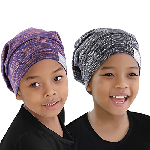 ELIHAIR Gorro de dormir con gorro de satén para dormir de noche, gorros ajustables suaves y holgados para mujeres y niñas, Dos niños (violeta rosa + gris pálido),