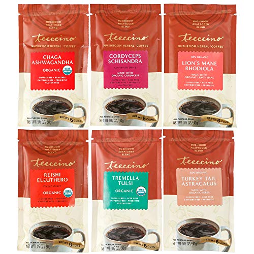Teeccino Mushroom Adaptogen Herbal Coffee Sampler  6 Trial-Size Packets  Chaga Ashwaganda, Reishi Eleuthero, Tremella Tulsi, Cordyceps Schisandra, Turkey Tail Astragalus, Lions Mane Rhodiola