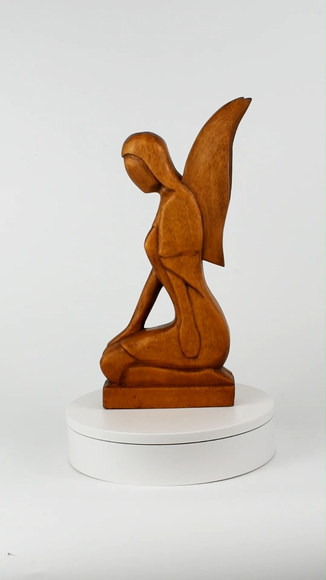 Estatua de Ángel Arrodillado de Madera Hecha a Mano Abstracta 12 pulg miniatura 7