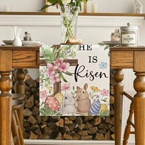 Artoid Mode Bunny Rabbits Eggs He is Risen Easter Table Runner Seasonal Spring Kitchen Dining Table Decoration for Home Party Decor 13×72 Inch
