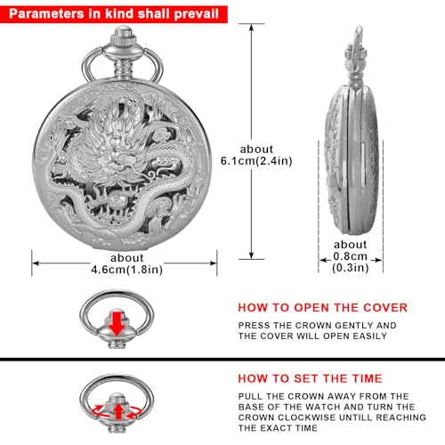 Image of Dragon Design Quartz Pocket Watch Roman Numerals with Chain Birthdays Gifts for Father's Days