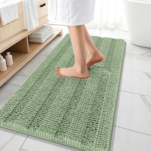 Image of OLANLY Thick Bathroom Runner Rugs 47x20, Extra Absorbent Chenille Striped Bath Rugs, Rubber Backing, Machine Wash Dry, Long Bath Mats for Bathroom, Tub and Shower, Home Decor Accessories, Sage Green