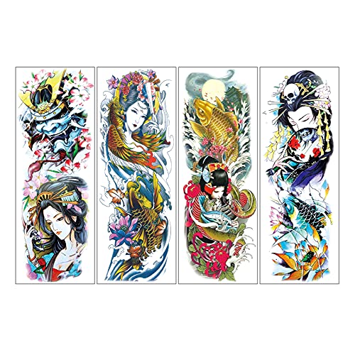 4 Sheets Extra Large Waterproof Full Arm Temporary Tattoos, Realistic Tattoo Stickers Japanese Samurai Geisha Fish Woman