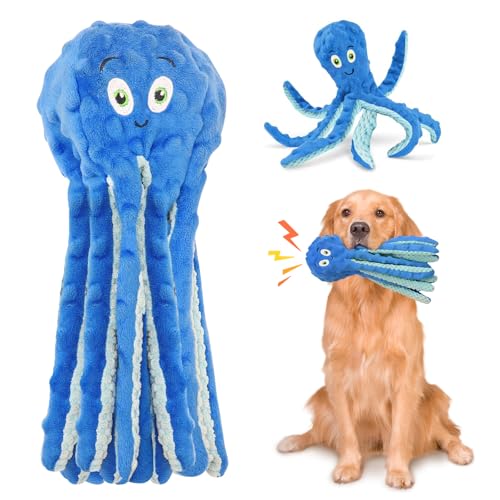 Glirop Octopus Dog Interactive Toy, No Stuffing Dog Chew Toy Squeaky Plush Puppy Play Toy with Crinkle Paper Soft Dog Tug Toys for Small Medium and Large Dog Training Playing (Blue)
