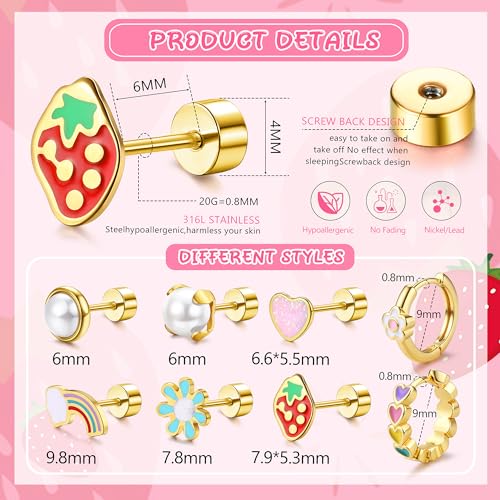 Florideco Hypoallergenic Earrings for Women 316 Surgical Steel Earrings for Sensitive Ears Cute Small Daisy Hoop Earring Heart Flower Strawberry Rainbow Flat Back Earring Sets2