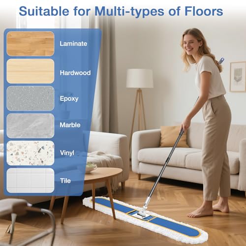 Image of CLDREAM 48 inch Large Commercial Industrial Dust Mop for Floor Cleaning | 2 Washable Cotton Mops Pads /Wet Dry Floor Duster Broom for Hardwood Floors Marble Laminate Tile Concrete Garage /Blue