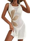 Dokotoo Beach Coverups for Women Floral Women's Swim Cover-Ups Slim Fit Womens Beachwear Hollow Out Side Split Sleeveless Dresses Crochet Cover Ups Bathing Suit Ladies Bikini Cover Up White M