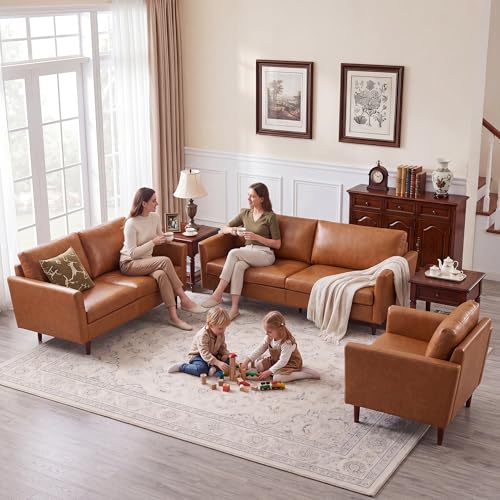 Image of Kingfun 3 Piece Living Room Furniture Sets, 3 Seater Couch, Loveseat and Armchair, Faux Leather Couch Set, Mid Century Modern Sofa Set with Solid Wood Frame for Living Room, Office, Dark Brown