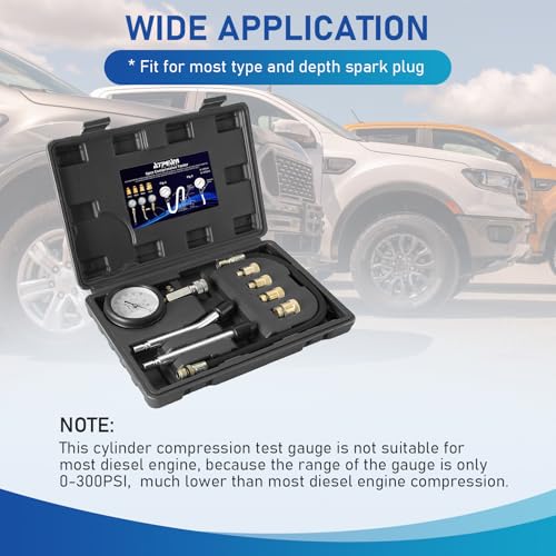 ATPEAM Kompressionsprüfer Set， Kompressionsmessgerät für Motor Kompression prüfen meßen Kfz, 0–20 Bar / 0–300 PSI, Kompressionstester mit 4 Adapter M10 M12 M14 M18 (Schwarz)