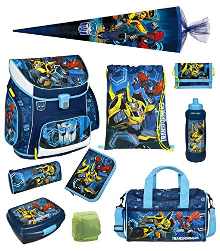 Familando Transformers Schulranzen-Set 10 TLG. mit Federmappe, Brotzeit-Dose, Trink-Flasche, Sporttasche, Regenschutz und große Schultüte 85cm