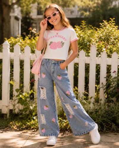 Image of Azmxynol Tween Girl Clothes Short Sleeve Top + Butterfly Design Jeans 2 Pieces Spring Summer Outfit Set, Size 6-16 Years