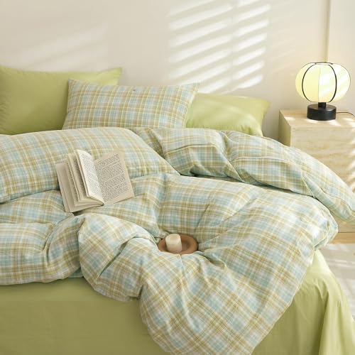 Image of EAVD Gingham Duvet Cover Full Multicolor Soft Washed Cotton Reversible Grid Plaid Duvet Cover Set with 2 Pillowcases Modern Farmhouse Gingham Bedding Set with Zipper Closure