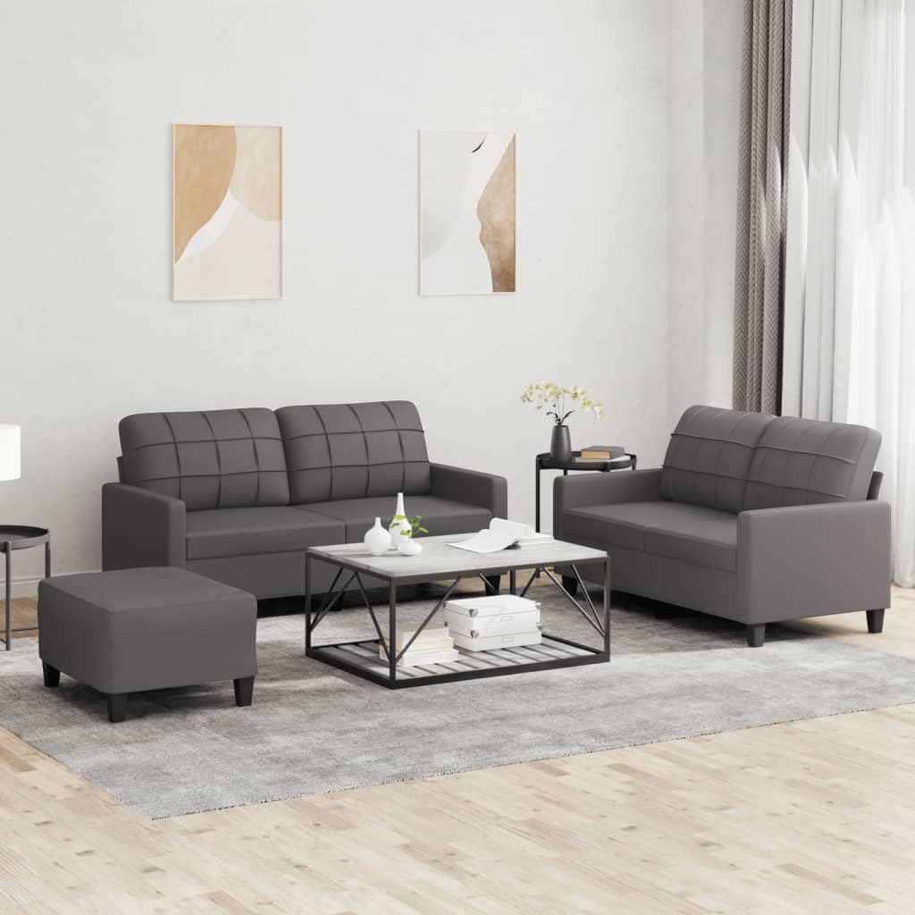 Juego de 3 sofás de piel sintética gris con 2 sofás de dos plazas, reposapiés y cojines, conjunto de tapicería estable para salón, cómodo sofá con reposabrazos y respaldo