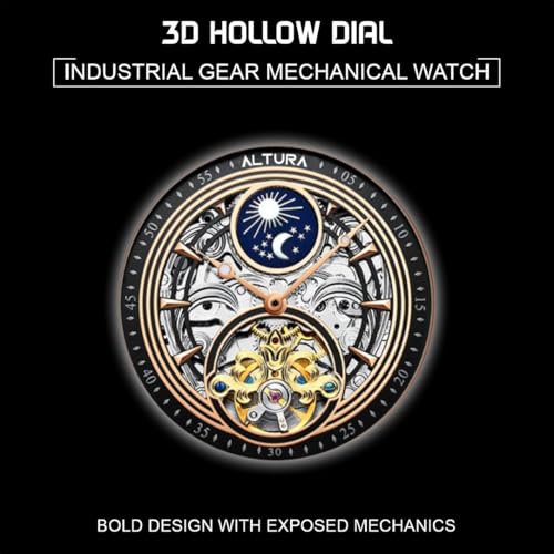 Image of ALTURA Analog Celestial Series Automatic Watch For Men Skeleton 3D Hollow Dial, Diamond Embellishment, Day /Night Subdial, Flywheel, Transparent Back, Leather Strap