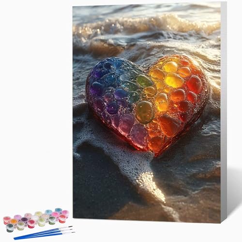 愛 ペイントバイナンバーキットビーチ 数字油絵 塗, DIY手描き油絵セット(ブラシ3本とアクリル絵の具を含む)、キャンバスセット、家の壁の装飾ギフト,誕生日プレゼント女性 70*95CM フレームなし -WX2510688