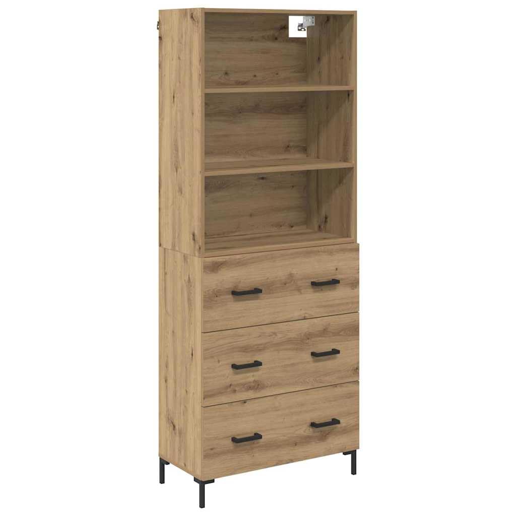 Artisan Oak Engineered Wood Highboard with 3 Drawers | Features a slim profile measuring 27.4 x 13.4 x 70.9 inches, providing vertical storage for living or dining rooms.