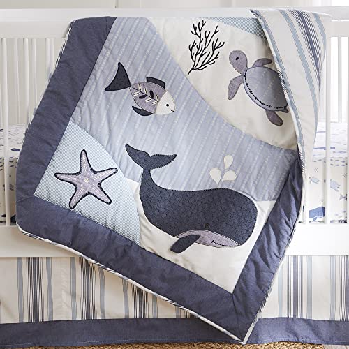 Image of Levtex Baby - Boho Bay Crib Bed Set - Baby Nursery Set - Navy, Blue, Grey and White - Under The Sea - 5 Piece Set Includes Quilt, Two Fitted Sheets, Wall Decal & Skirt /Dust Ruffle