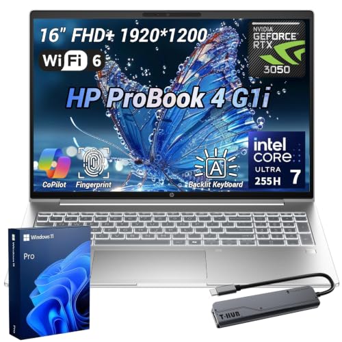 Image of HP ProBook 4 G1i Business AI Laptop, 16 inch FHD+ IPS Display, Intel Core Ultra 7 255H, RTX 3050, 32GB DDR5, 1TB, 5 MP IR Camera, Fingerprint Reader, Long Battery Life, Wi-Fi 6, Win 11 Pro, w /Bundle