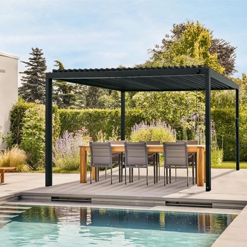 Backyard Discovery Sarasota 16' x 10' Galvanized Steel Louvered Pergola Kit with Adjustable Roof, Shade, Rain Protection, High-Wind Rating, Gutter System for Outdoor Patio, Garden, Deck, Entertaining