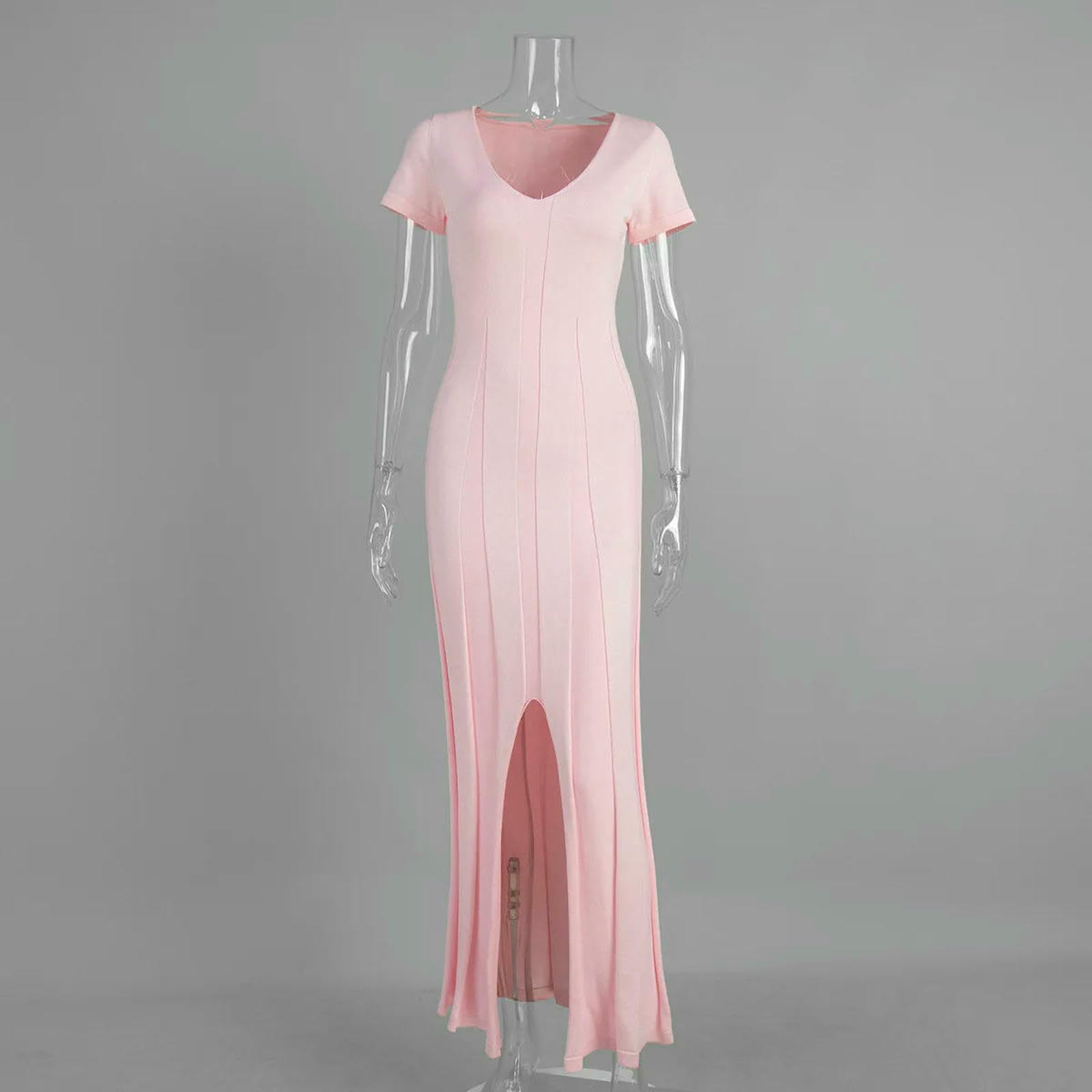Vestito Donne Elegante Maglia Bodycon Maxi Abito V Collo Fessura Manica Corta Primavera Estate Ufficio Giornaliero Lungo-Pink-m
