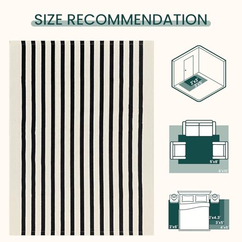 KOZYFLY Striped Rug 4x6 ft Cotton Woven Front Door Rugs, Beige and Black - Image 3