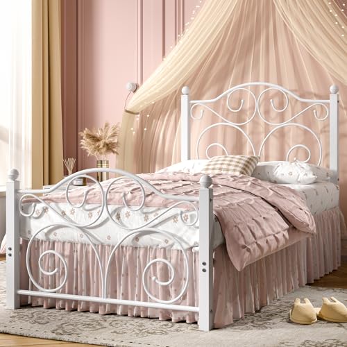 Image of VECELO Twin Size Bed Frame with Headboard and Footboard, Heavy Duty Metal Slat Support, Platform Mattress Foundation, No Box Spring Needed, Easy Assembly, White