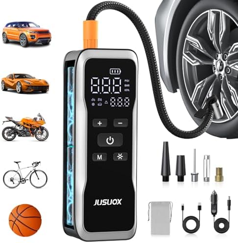 Close-up view of the JUSUOX tire inflator, showing its compact design and ports