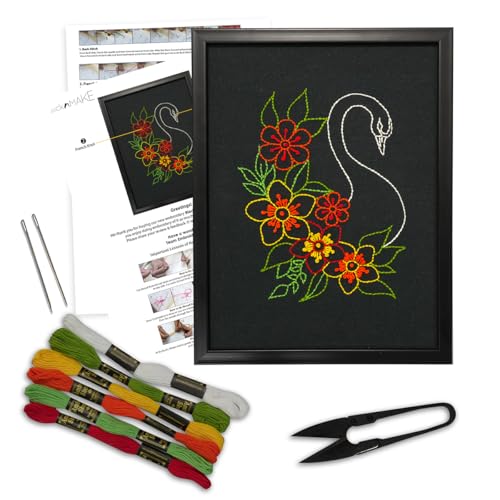 Image of picknMAKE Hand Cross Stitch Embroidery Kits for Beginners Adults with Cloth Fabric, Framed Pattern of Flamingo on Black Fabric to do Embroidery with Instruction and All Material Included
