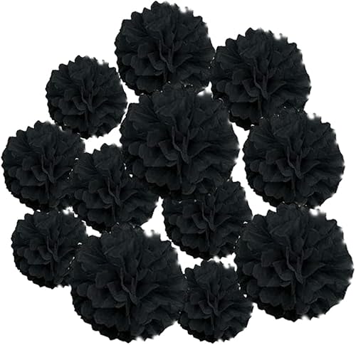 Miniatura 2 de Pompones de papel decorativos de varios tamaños, 12 unidades, bolas de flores de papel negro para colgar en la pared, decoraciones para fiestas,