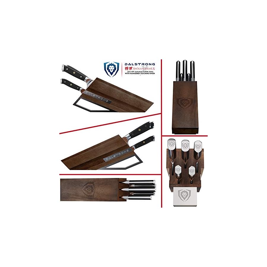 DALSTRONG-Knife-Block-Set-5-Piece-Shogun-Series-ELITE-AUS-10V-High-Carbon-Japanese-Super-Steel-Black-G10-Handles-Acacia-Wood-Stand-Kitchen-Knife-Set-Cutlery-Set-NSF-Certified DALSTRONG Knife Block Set - 5 Piece - Shogun Series ELITE - AUS-10V High-Carbon Japanese Steel - Black G10 Handles - Acacia Wood - Damascus - Kitchen Knife Set with Block - Professional Cutlery Set