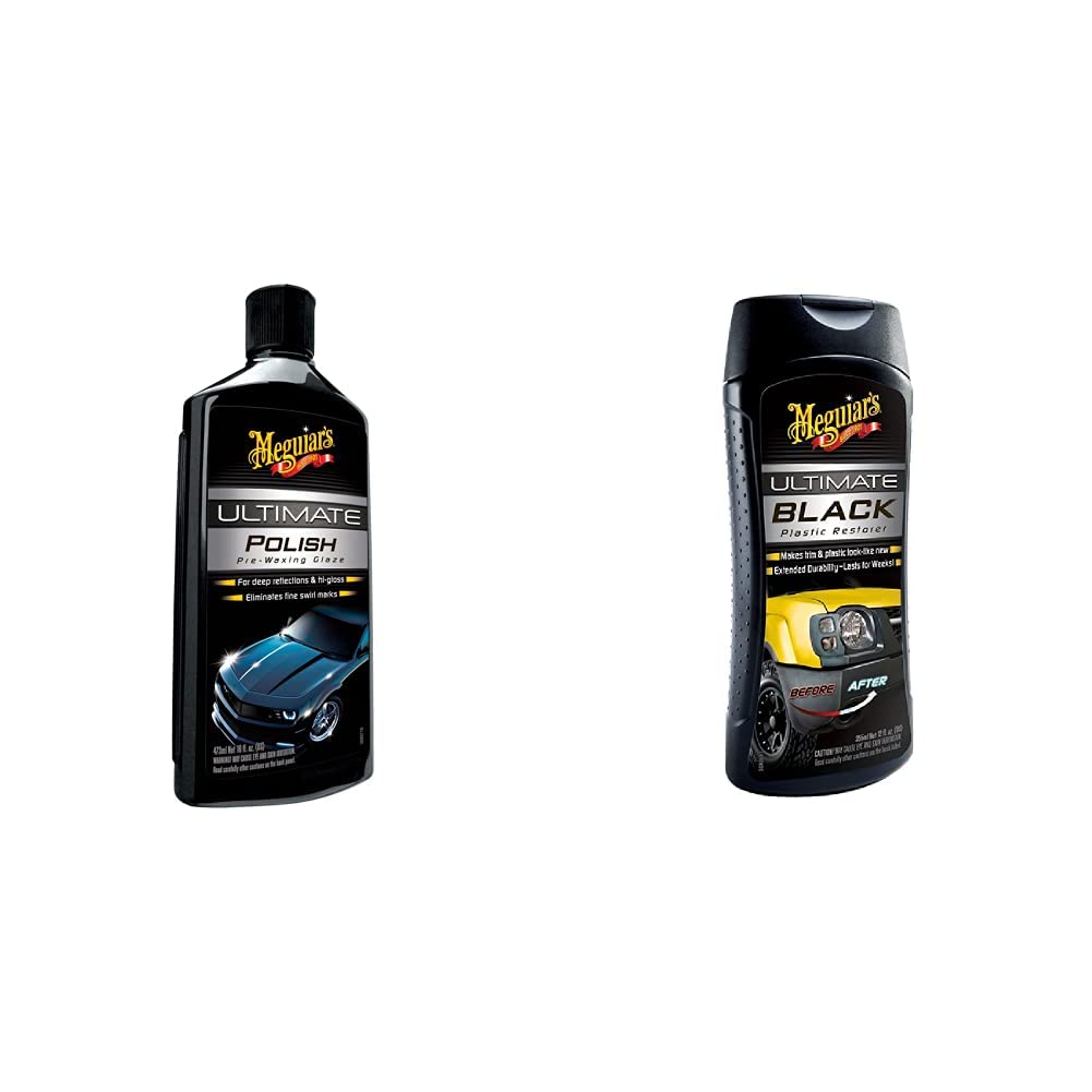 Meguiar's® Ultimate Polish, 473 ml, G19216EU & G15812EU Ultimate Black Restorer - Rinnovante e protettivo per plastiche esterne, Nero - per plastiche nere, 355 ml