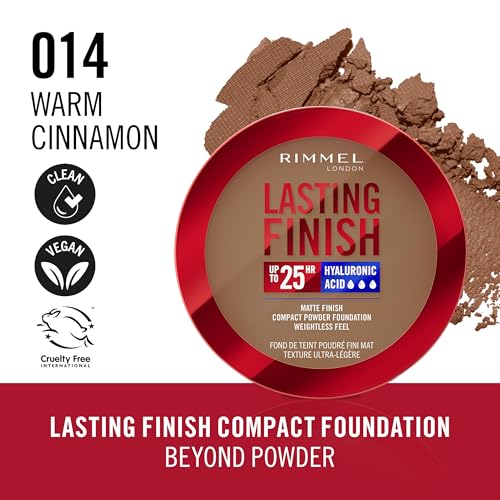 Rimmel Lasting Finish 25 HR Compact Foundation 014 Warm Cinnamon, Matte Buildable Coverage, Powder-to-Cream - Image 2