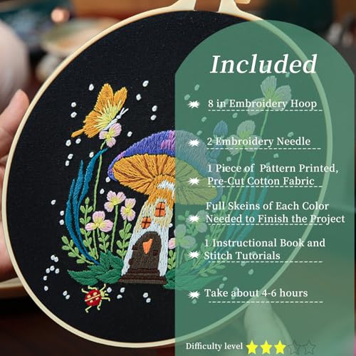 Image of FONNUY Crewel Embroidery Kit for Beginners, Pre-Stamped Pattern Kits for Adults with Hoop, Easy to Follow Color Thread Needlework, 8'' Hoop (Mushroom C)