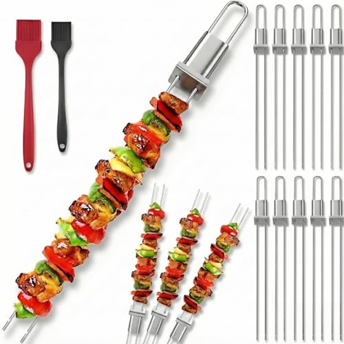Kabob Skewers for Grilling, 10 Pack 13' Double Pronged with Push Bar, Stainless Steel BBQ Skewers with 2 Brushes, Reusable for Meat, Shrimp, Chicken, Veggie, Perfect for Camping & Family Use.