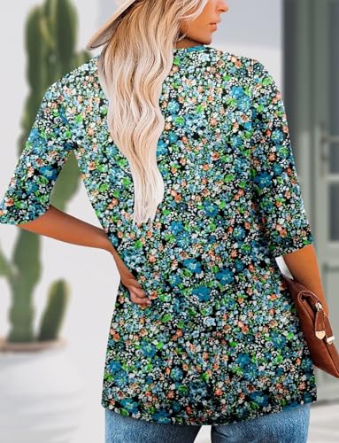 KISSMODA Tunic Tops for Women Loose Fit Dressy Round Neck Pleated 3/4 Length Sleeve Spring Tops