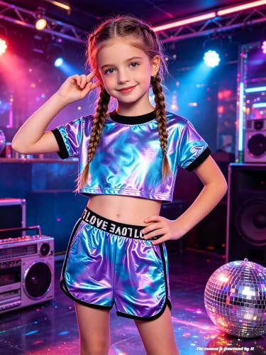 Image of Betusline Girls Summer 2 Piece Outfits,Kids Short Sleeve Crop Top & Shorts Set with Side Pockets
