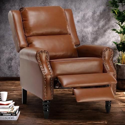 Image of Leather Recliner Chair, Pushback Recliner Chair with Adjustable Backrest Footrest, Mid Modern Reclining Chair with Overstuffed Arms Lumbar Support for Reading, Living Room, Yellow Brown