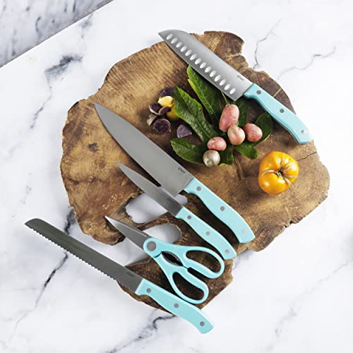 Oster Evansville 14 Pc Stainless Steel Kitchen Knife Cutlery Set W/Turquoise Handles & Black Rubberwood Block #TOP2